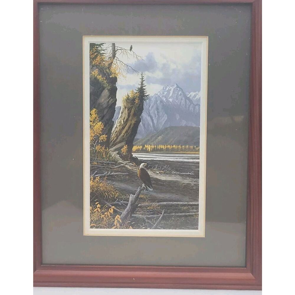 Eagle Perched Mountains Lake Painting Framed 8x10 Outdoors Relaxing EagleLife - Picture 2 of 13